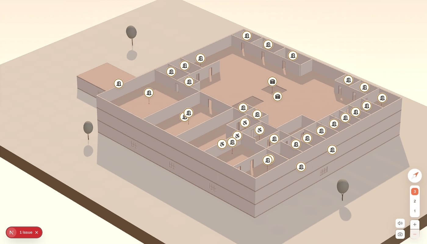 Intérieur de la bibliothèque en 3D : rayonnages, tables et salles de travail.