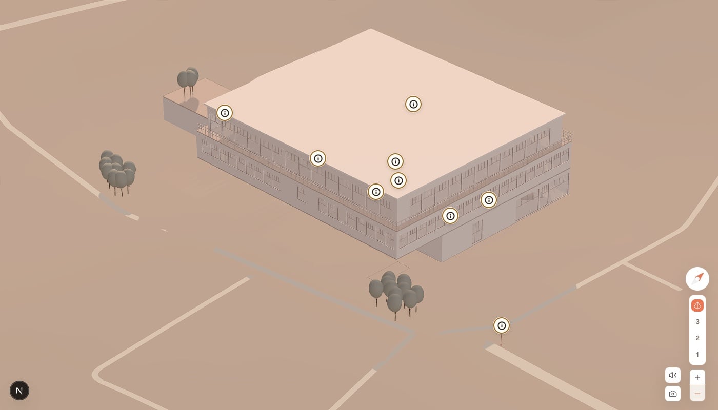 Vue 3D d'une bibliothèque modélisée dans Loupe, présentée comme une maquette.